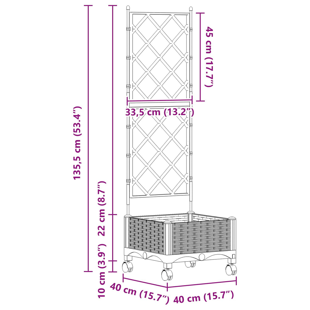 Vrtni saksija s rešetkom i kotačima Crna 40 x 40 x 131,5 cm PP