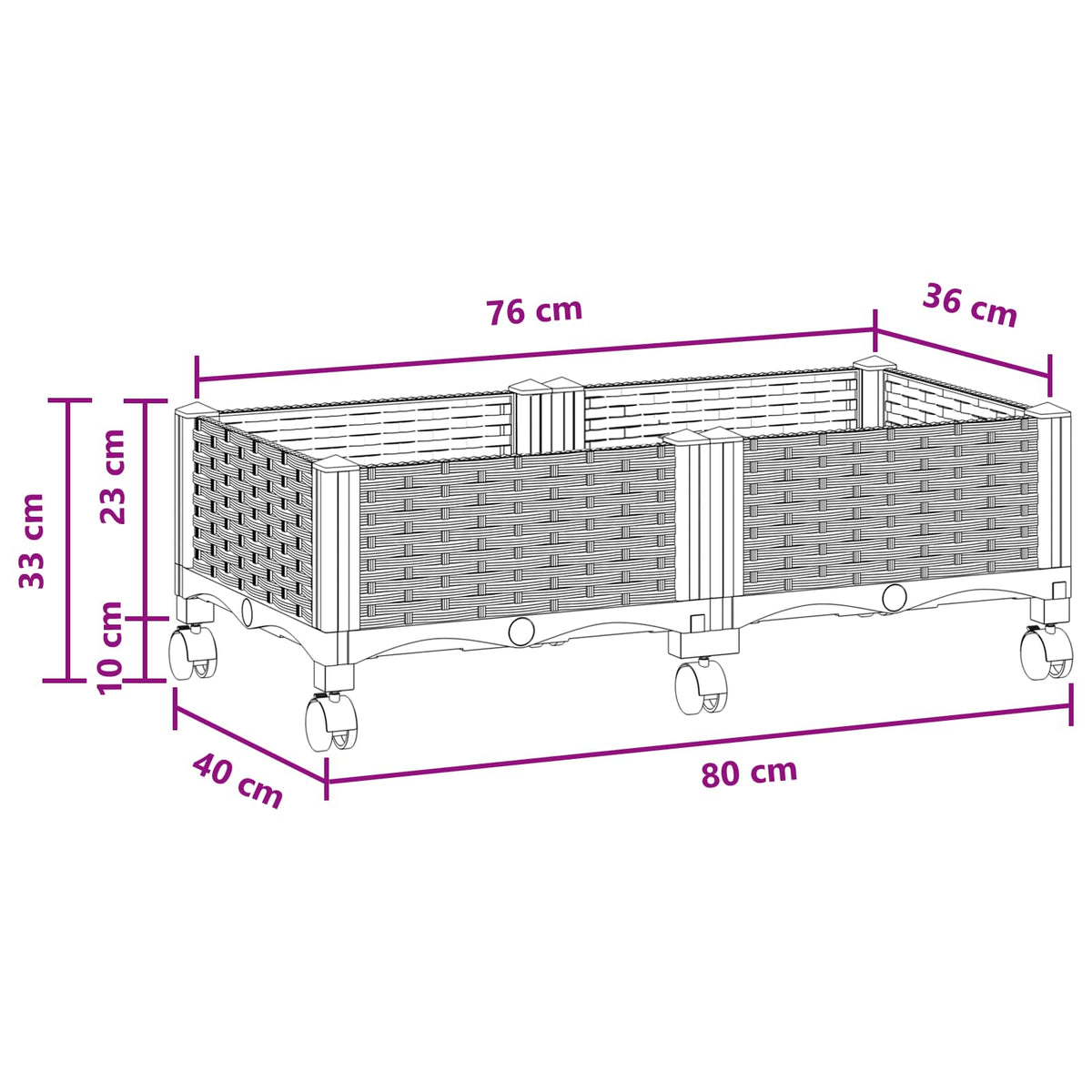 Vrtni saksija s kotačima Crna 80 x 40 x 29 cm PP