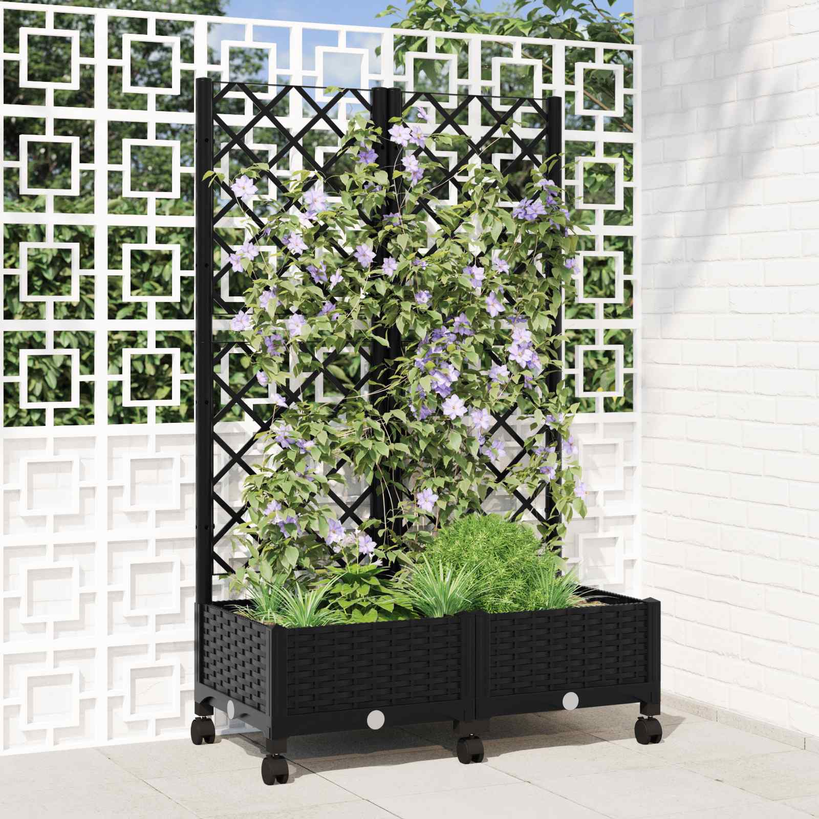 Vrtni saksija s rešetkom i kotačima Crna 80 x 40 x 131,5 cm PP
