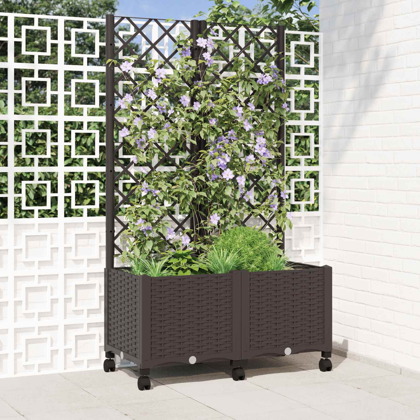 Vrtni saksija s rešetkom i kotačima Smeđa 80 x 40 x 146 cm PP