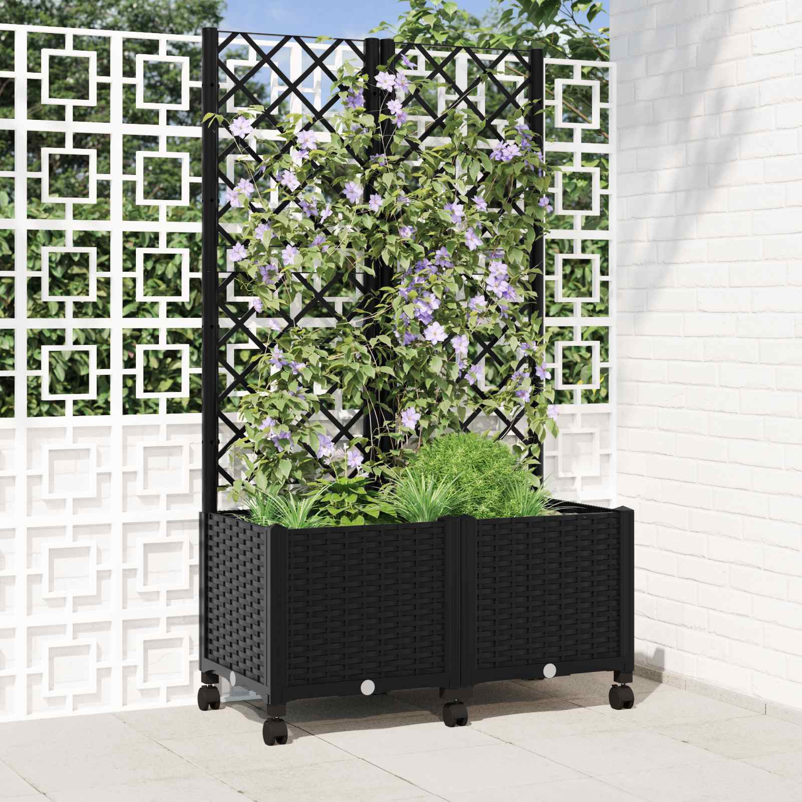 Vrtni saksija s rešetkom i kotačima Crna 80 x 40 x 146 cm PP