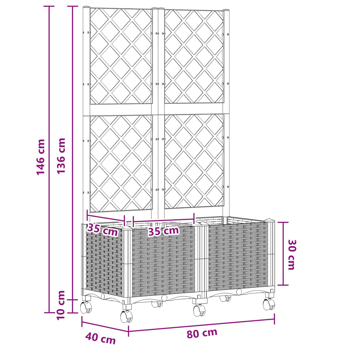 Vrtni saksija s rešetkom i kotačima Crna 80 x 40 x 146 cm PP