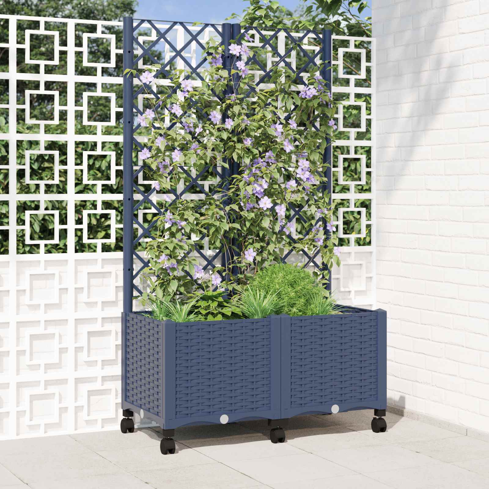Vrtni saksija s rešetkom i kotačima Plavo Sivo 80 x 40 x 146 cm