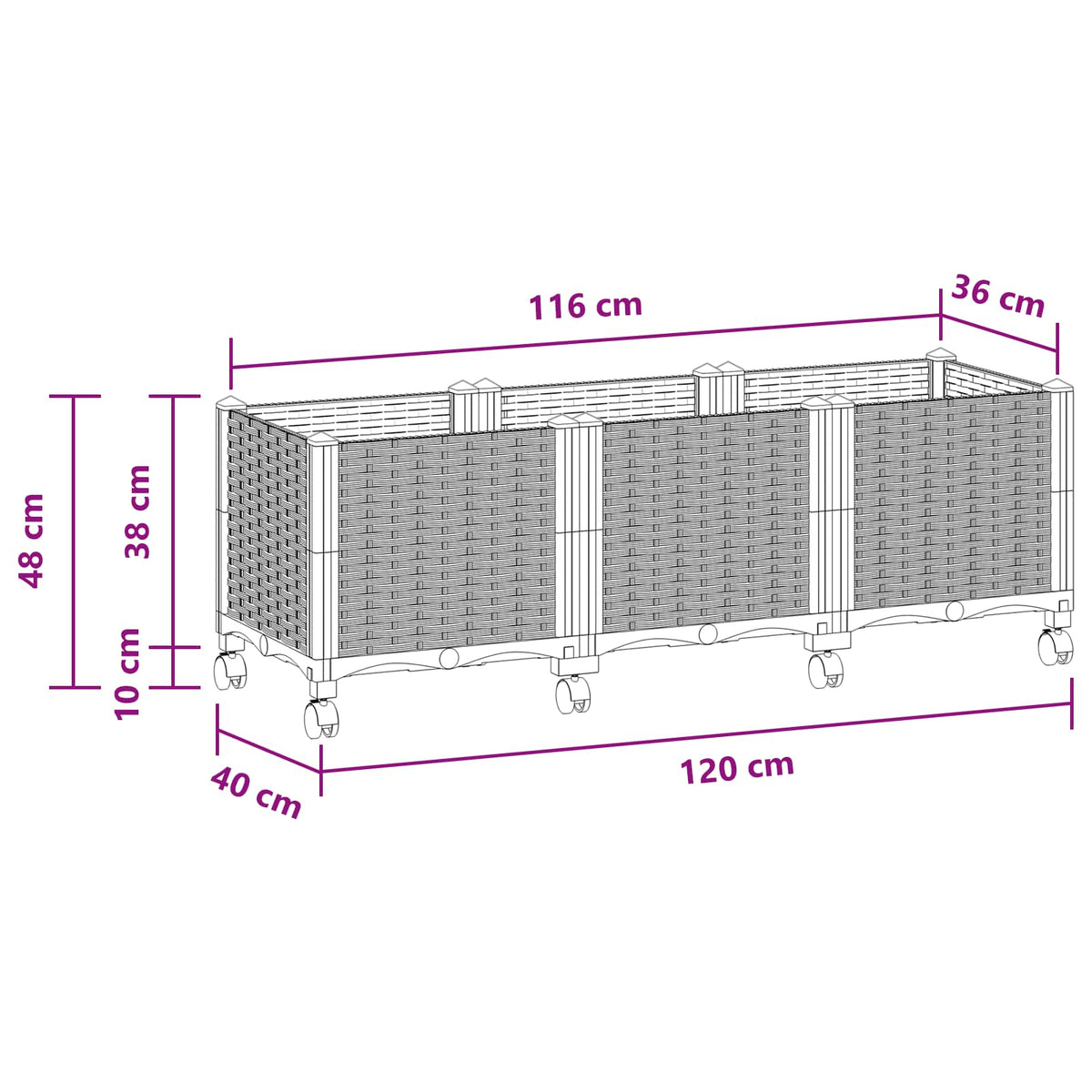 Vrtni saksija s kotačima Bijela 120 x 40 x 48 cm PP