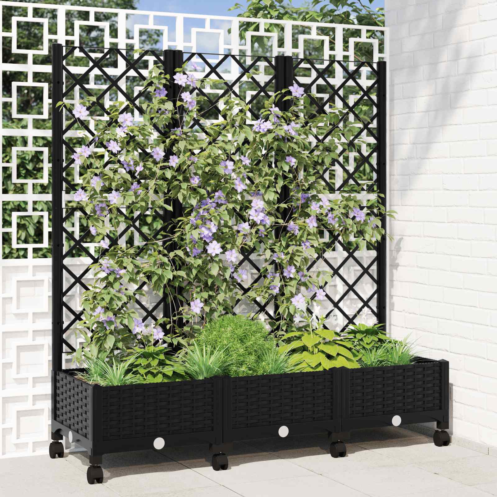 Vrtni saksija s rešetkom i kotačima Crna 120 x 40 x 131,5 cm PP