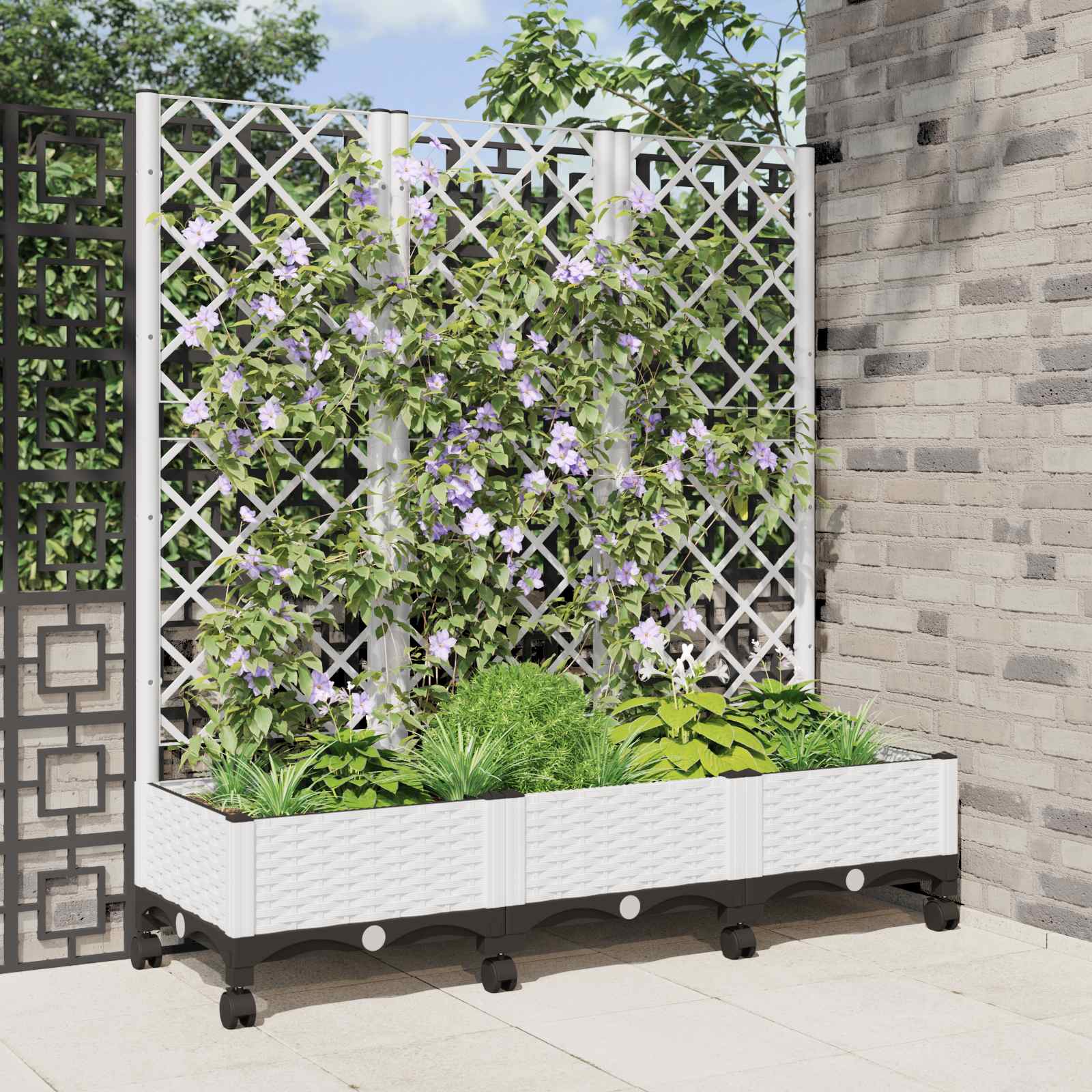 Vrtni saksija s rešetkom i kotačima Bijela 120 x 40 x 131,5 cm