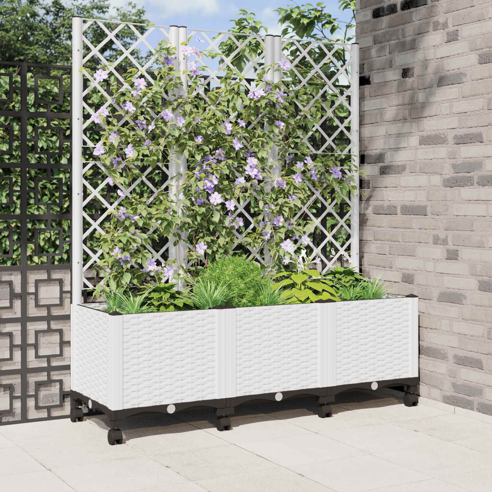 Vrtni saksija s rešetkom i kotačima Bijela 120 x 40 x 146 cm PP