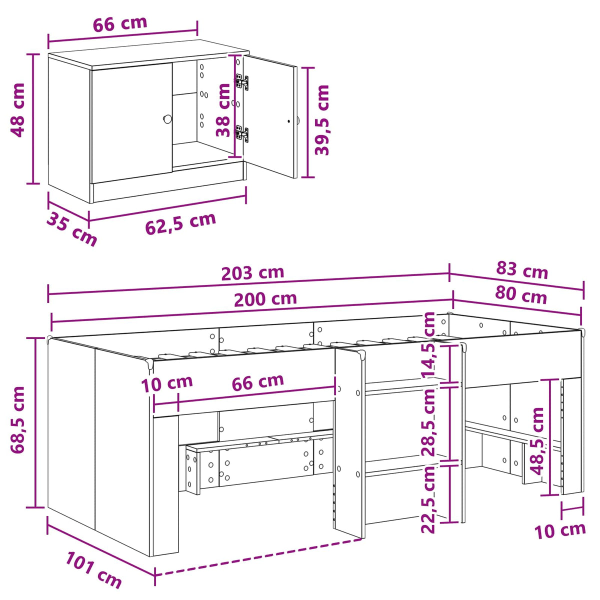 Loft krevet s ormarom s pohranom 3 pcs Bijela Konstruirano drvo