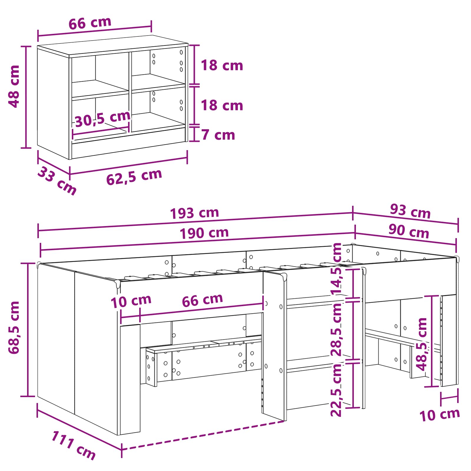 Loft krevet s ormarom s policom 3 pcs Bijela Konstruirano drvo