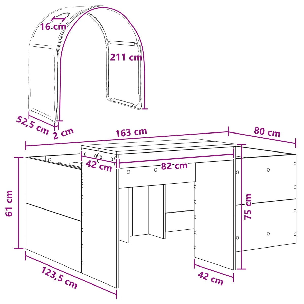 Krevet s Tunnels 3 kom. Artisian hrast i ružičasta