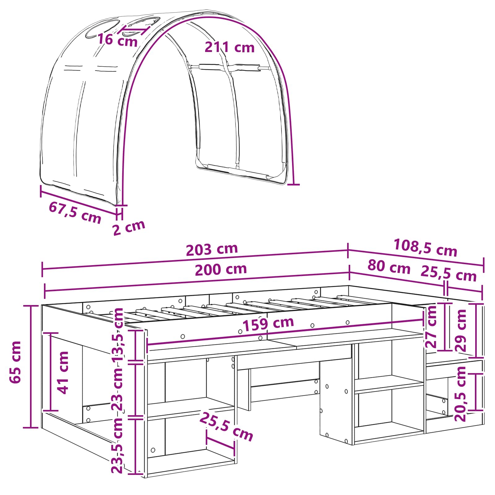 Krevet s Tunnels 3 kom. Sonoma i Pink Konstruirano drvo