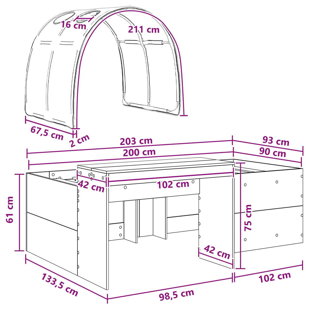 Krevet s tunelom 4 pcs Artisian hrast i crna Konstruirano drvo