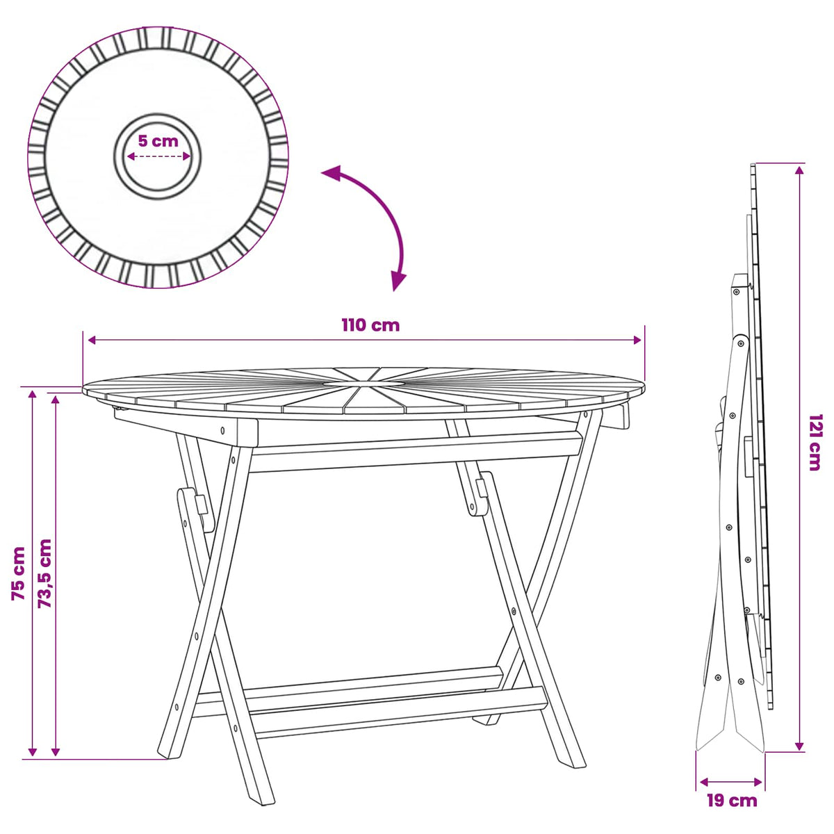 Preklopni vrtni stol Prirodna Ø 110 x 75 cm Čvrsto teak drvo