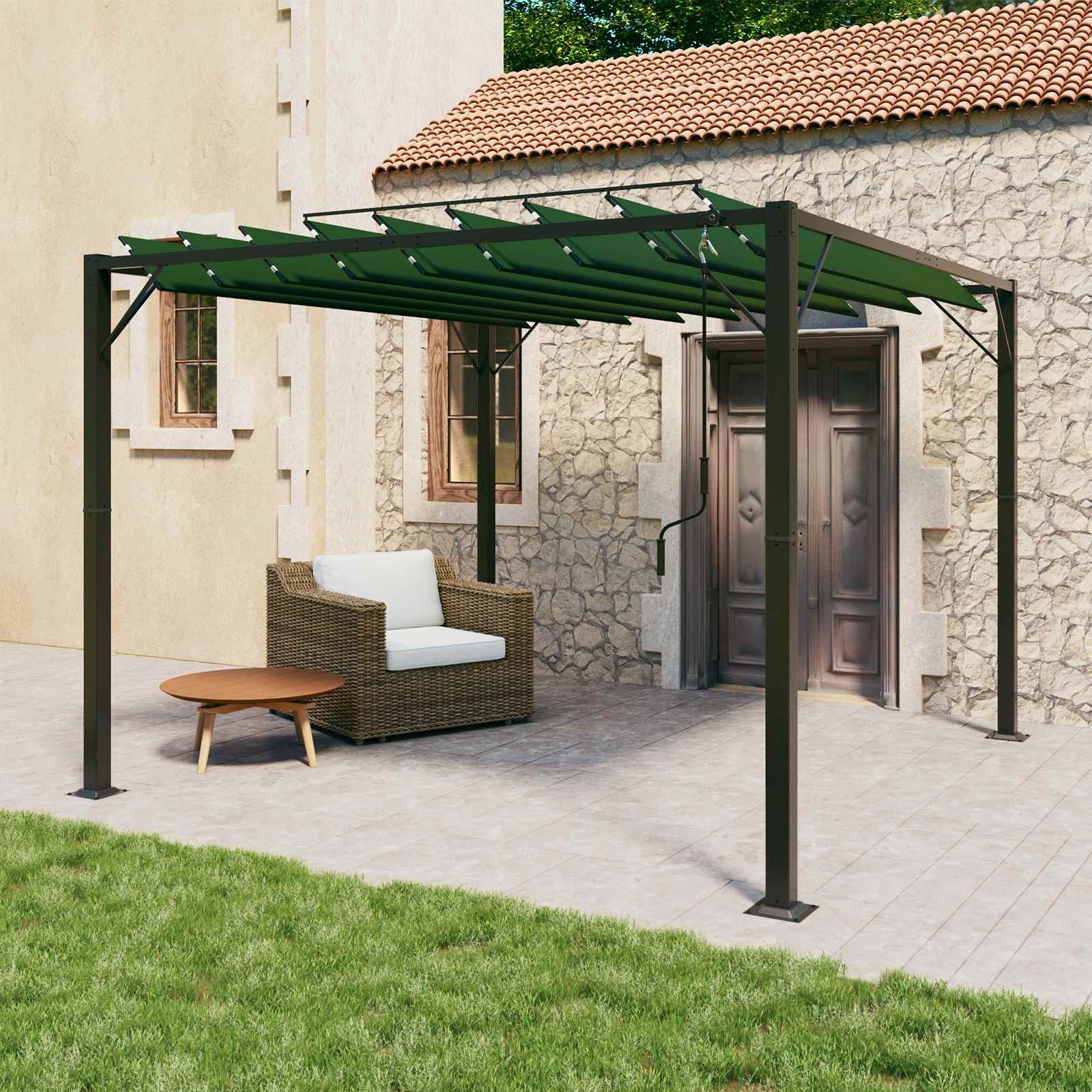 Gazebo s krovom s roletnom Zelena 3 x 3 x 2,14 m