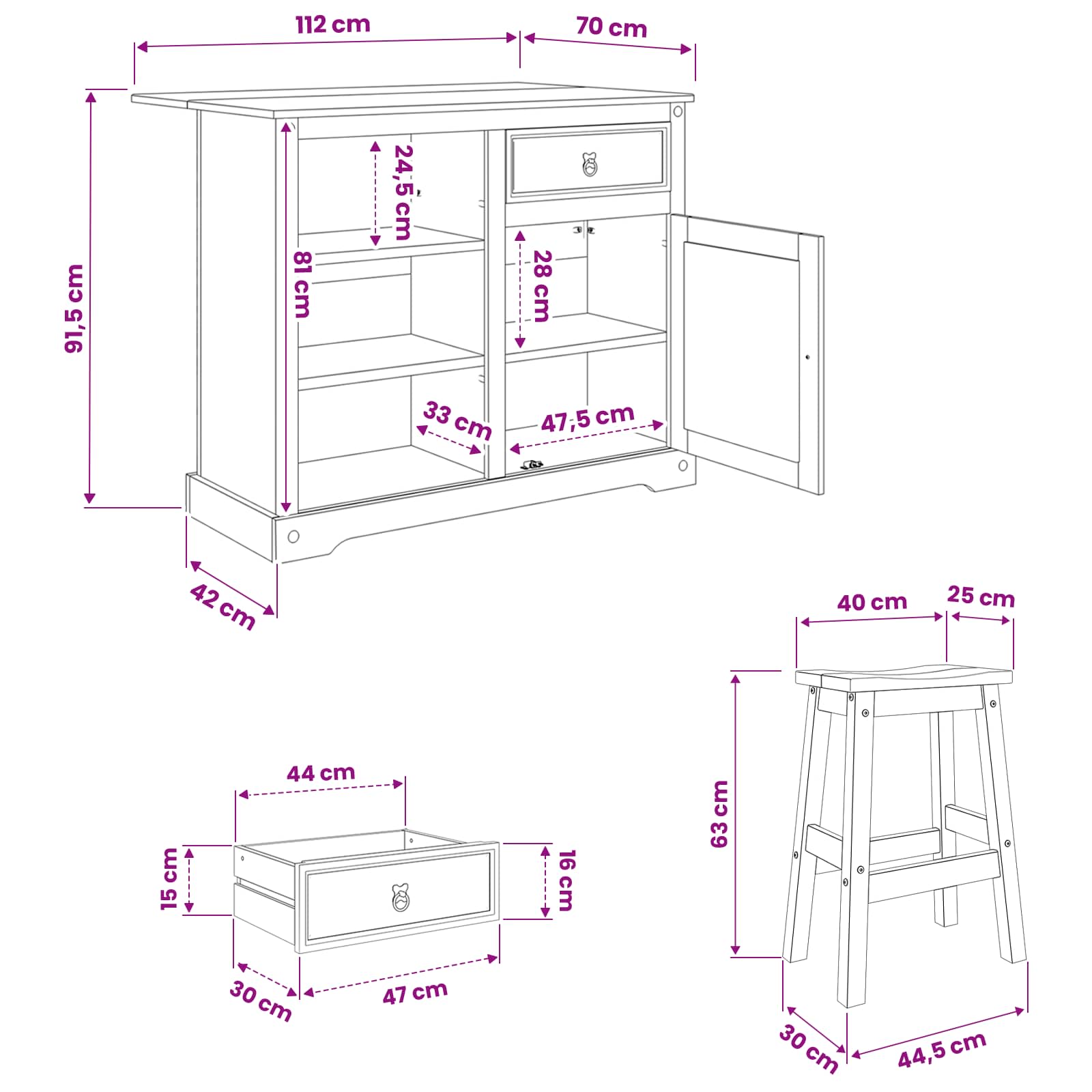 Set kuhinjskog otoka s ladicama 3 pcs Medeni vosak Čvrsta bor