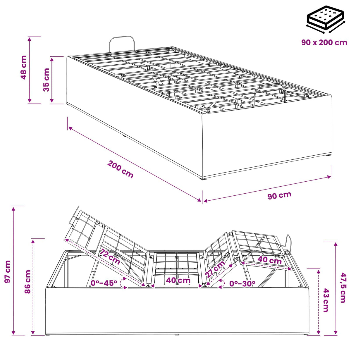 Električni podesivi okvir kreveta Krem 200 x 90 x 33,5 cm Čelik