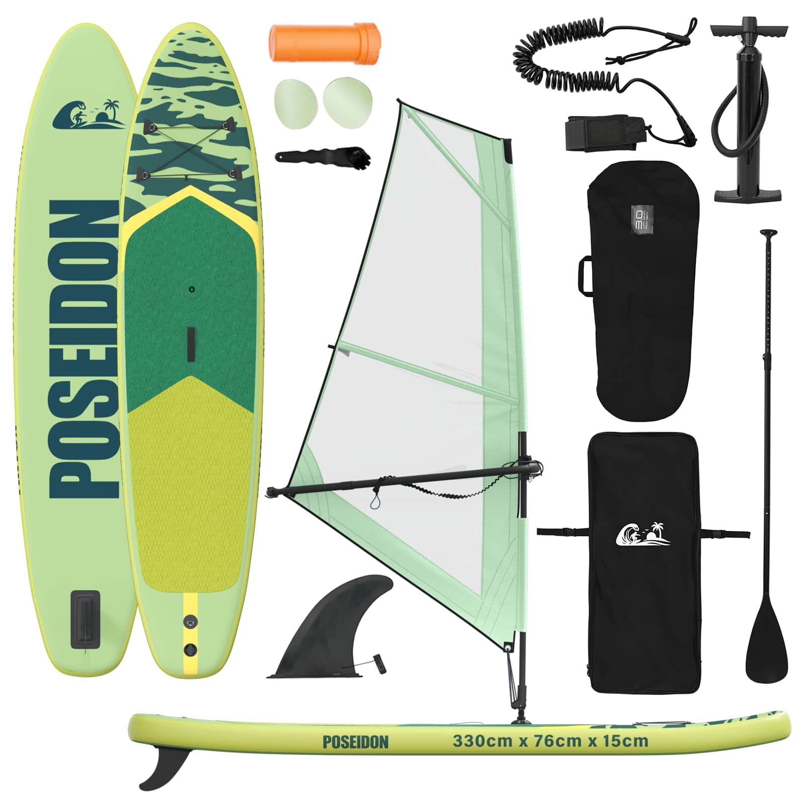 Naduvivi SUP s jedrom POSEIDON 330 x 76 x 15 cm Zelena za
