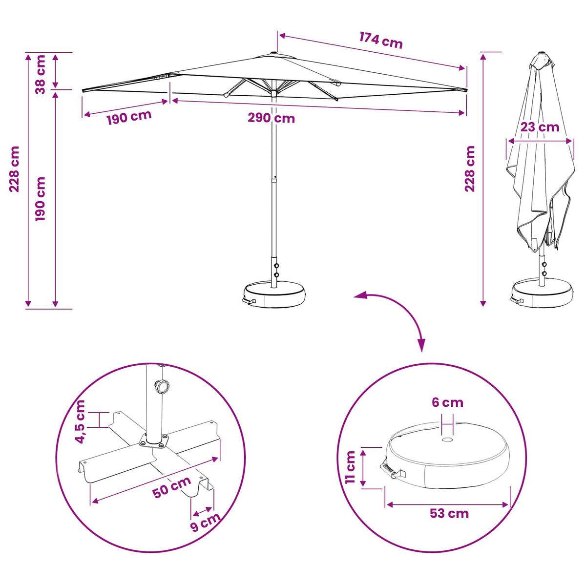 Vrtni Parasol s Podnožjem 200 x 300 cm Poliester Pravokutni