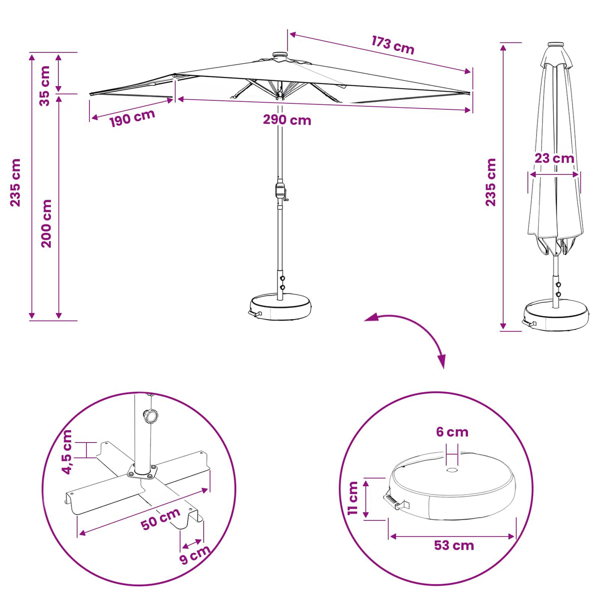 Suncobran za vrt s LED svjetlima i postoljem 200 x 300 cm