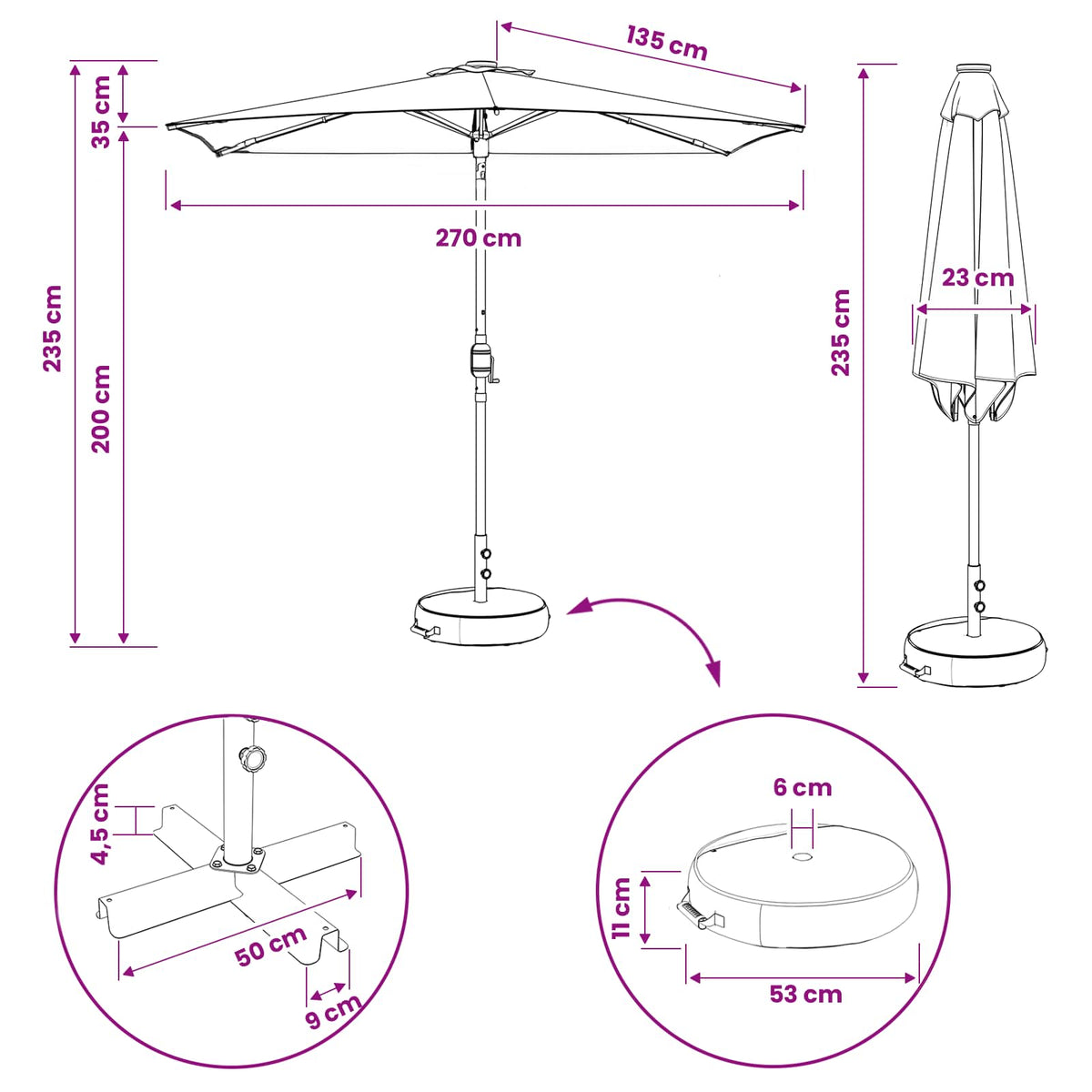 Suncobran za vrt s LED svjetlima i postoljem 270 x 270 cm