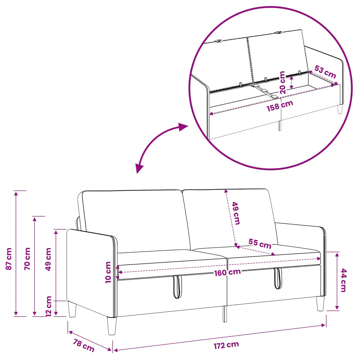 Sofa s pohranom Krem 172 x 78 x 87 cm Poliester