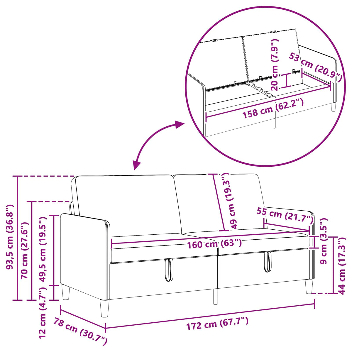 Sofa s pohranom Krem 172 x 78 x 87 cm Poliester