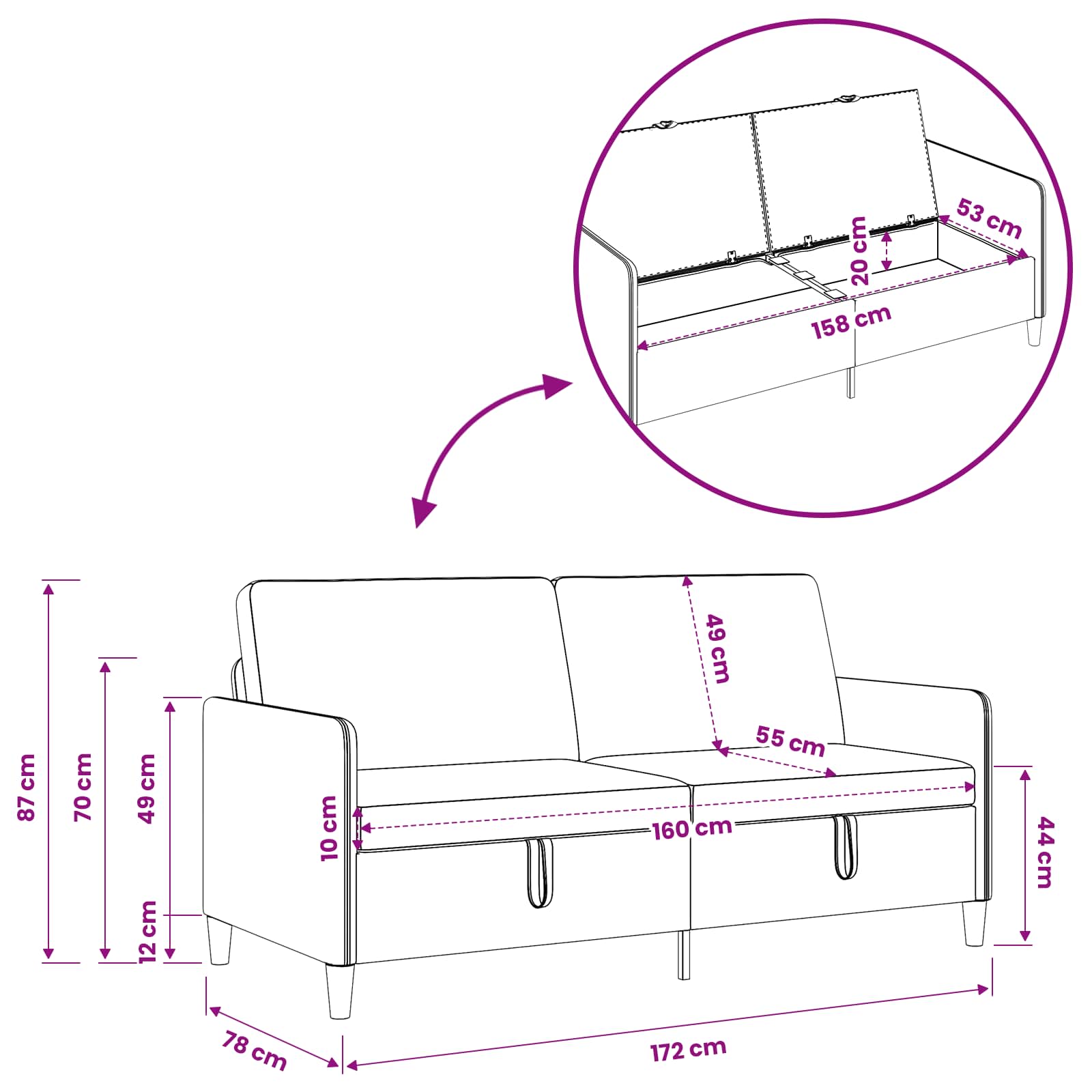 Sofa s pohranom Bijela 172 x 78 x 87 cm Poliester