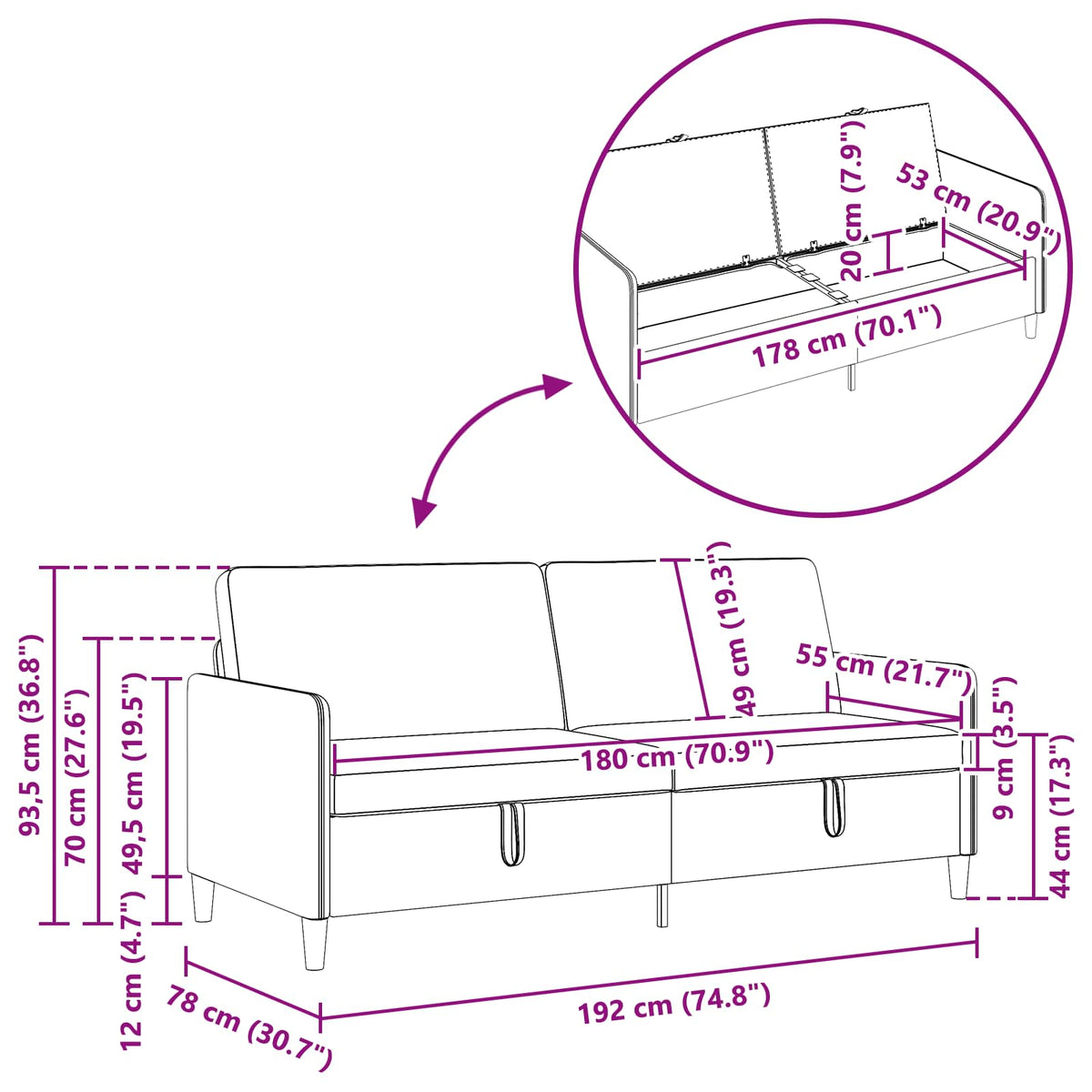 Sofa s pohranom Plava 192 x 78 x 87 cm Poliester