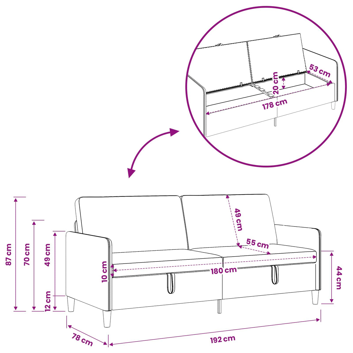Sofa s pohranom Bijela 192 x 78 x 87 cm Poliester