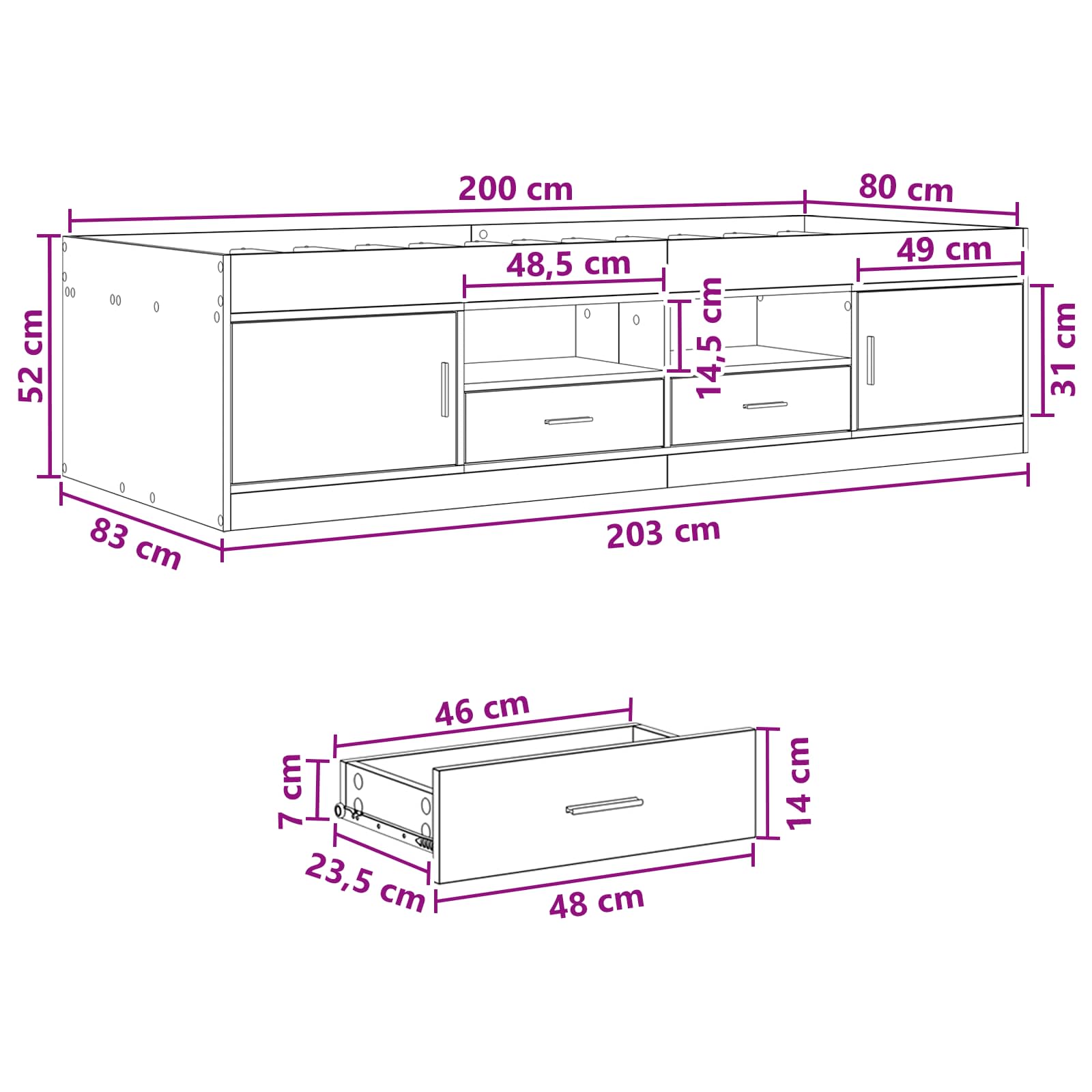 Okvir kreveta s pohranom s ladicama Hrast sonoma 80 x 200 cm
