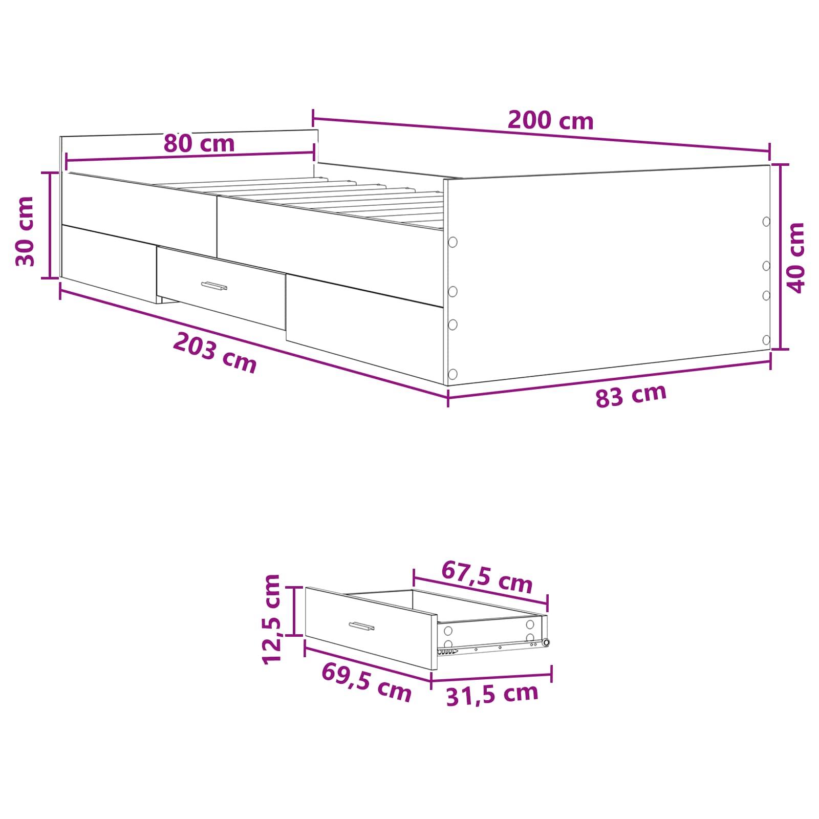 Okvir kreveta s pohranom s ladicama Dimljeni hrast 80 x 200 cm