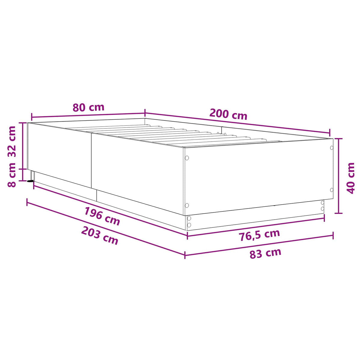 Krevetna konstrukcija s LED svjetlom Hrast sonoma 80 x 200 cm