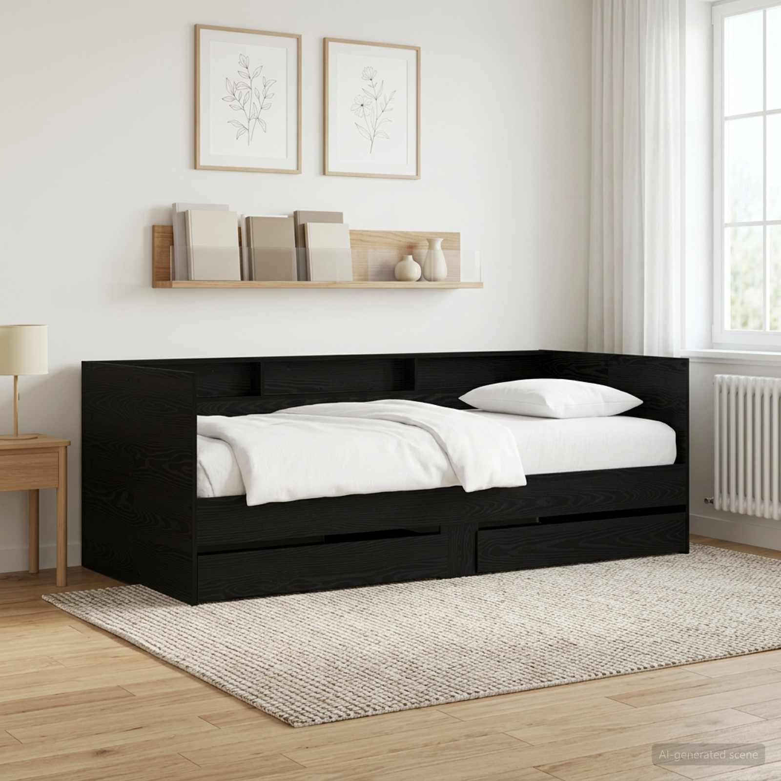Krevet na dan s ladicama s policom Crni hrast Konstruirano drvo