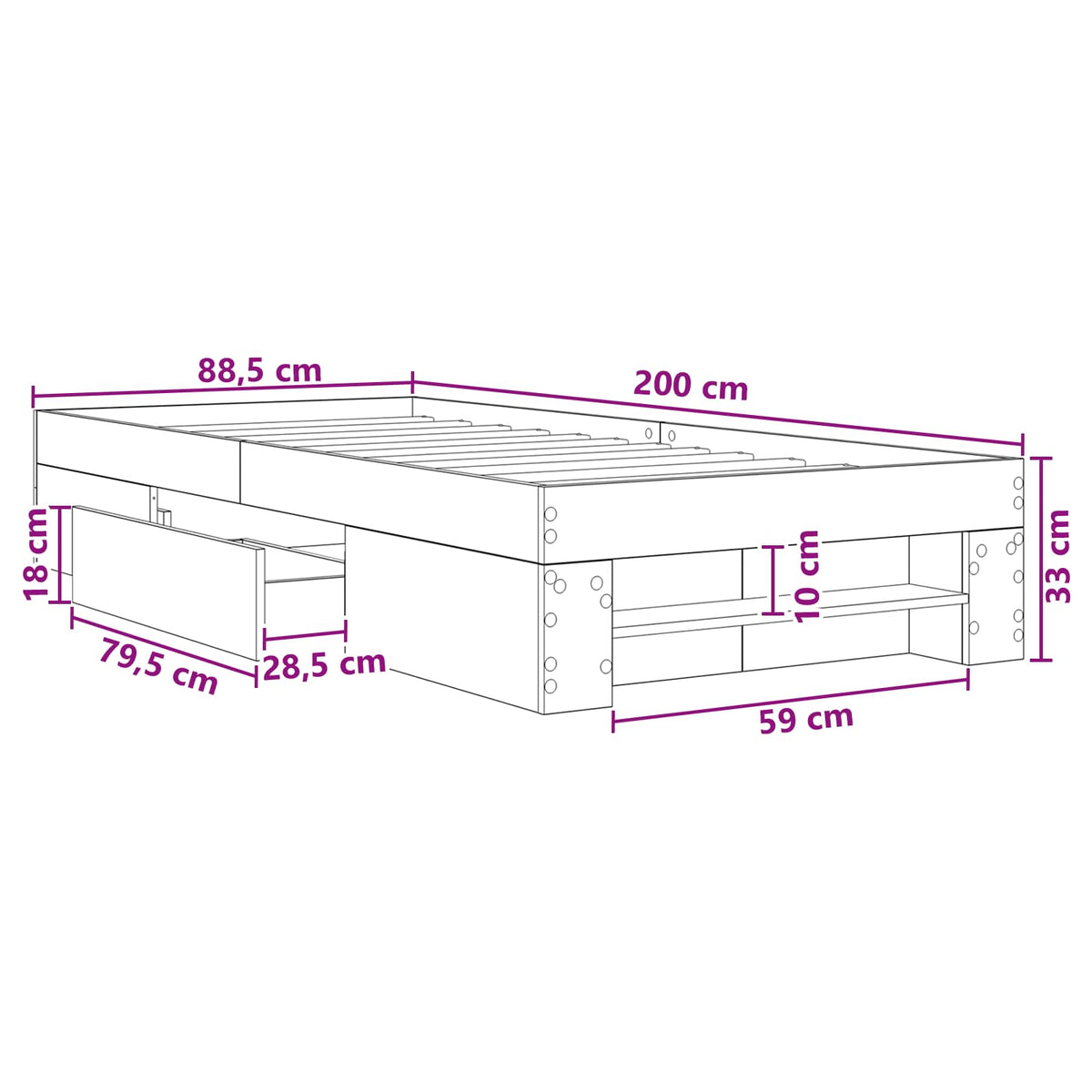 Okvir kreveta s pohranom s ladicama Hrast sonoma 80 x 200 cm