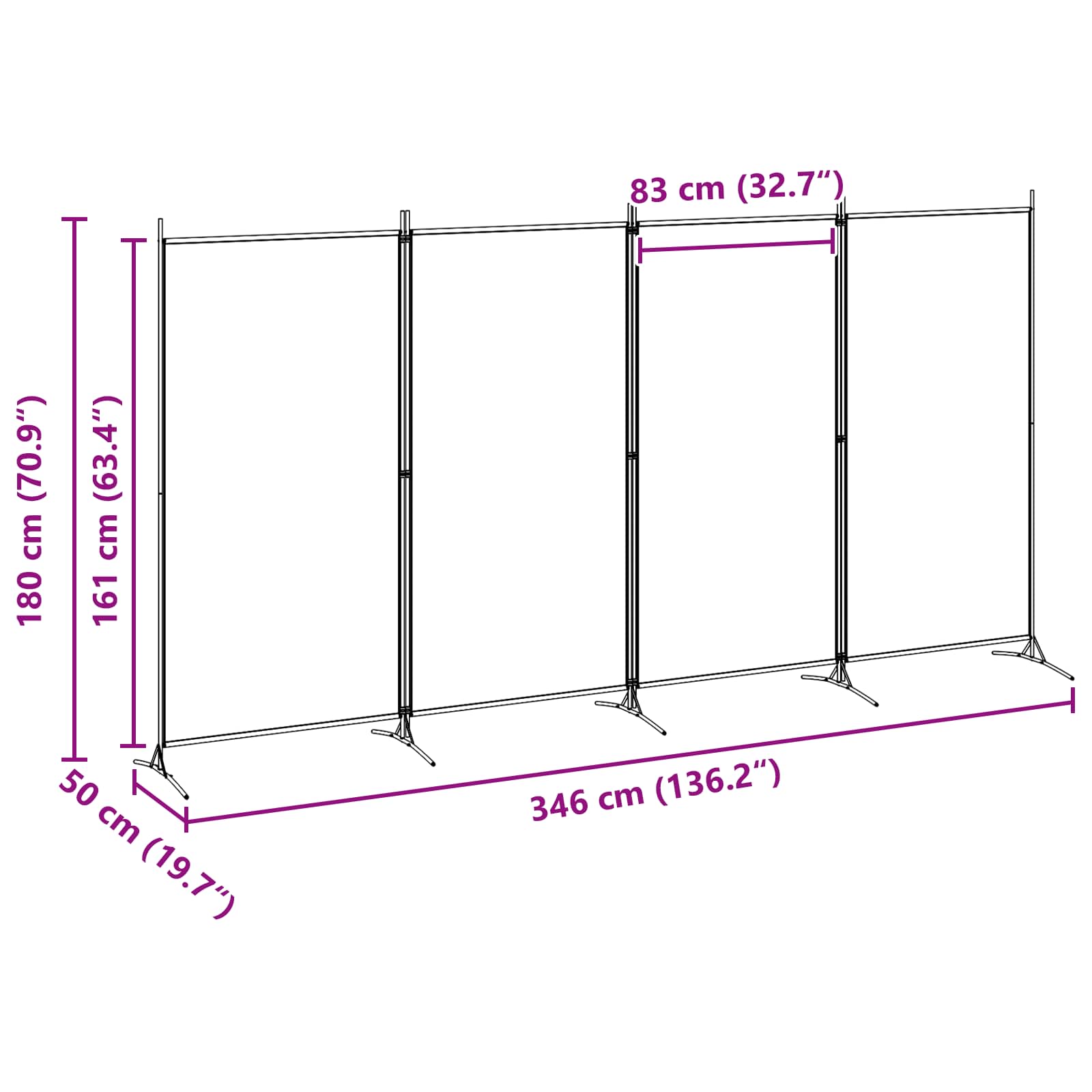 4-panelni pregradni zid Bež 346 x 180 cm Tkanina