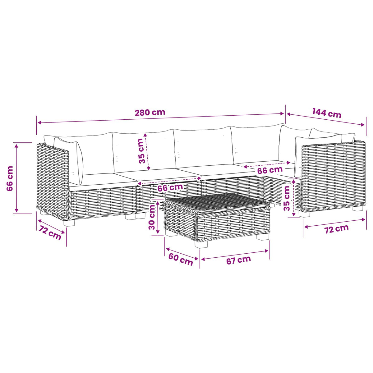 6 kom. Ratan Lounge Set s Jastucima GENDT Prirodni ratan