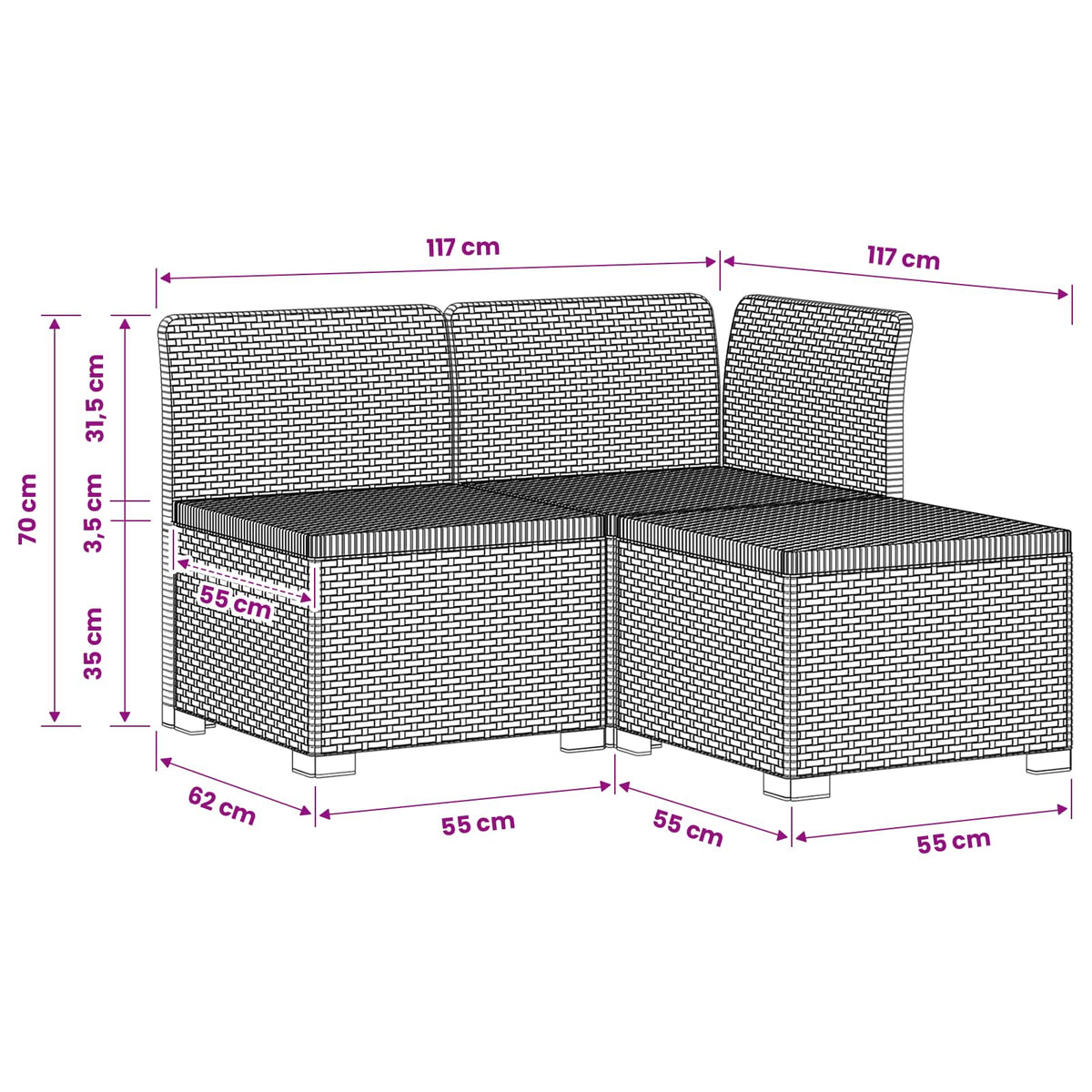 Sofa za vrt za 3 osobe sa izgledom rattan PP Smeđa
