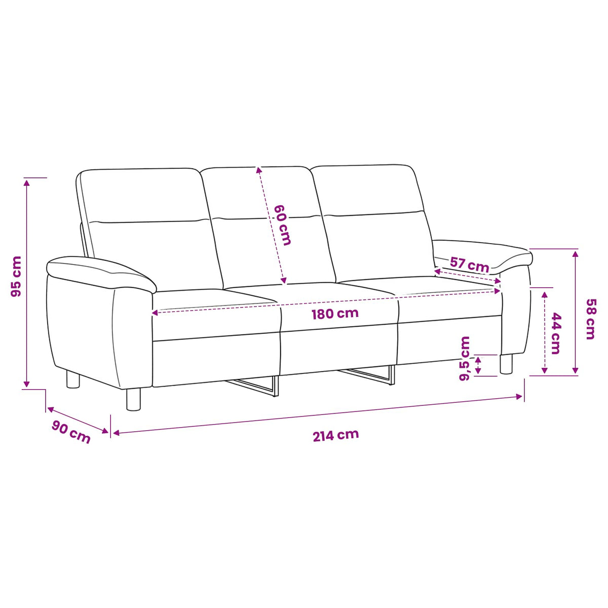 Sofa Crna 214 x 90 x 95 cm Tkanina