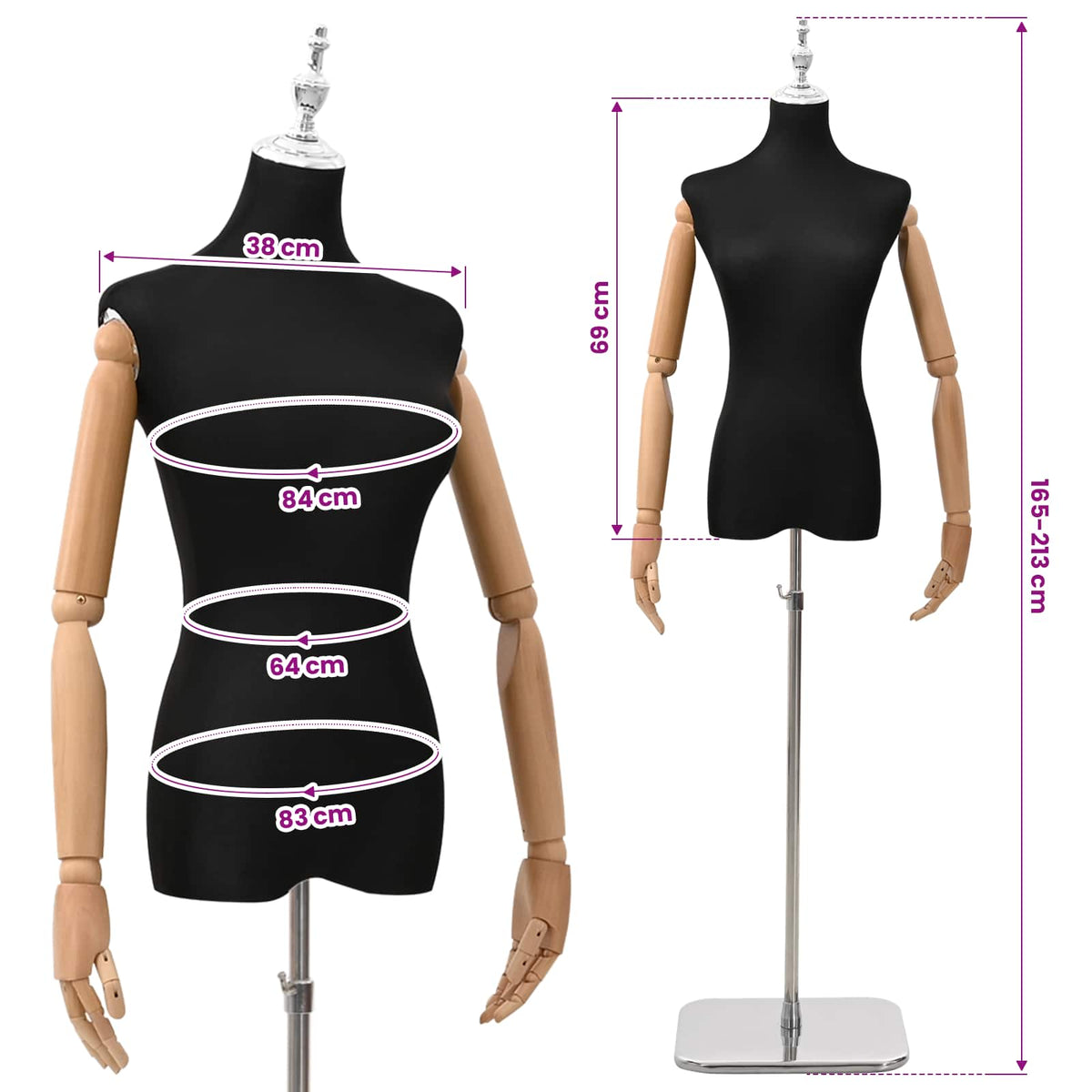 Podesivi maneken 165-213 cm s postoljem Žena PP Crna
