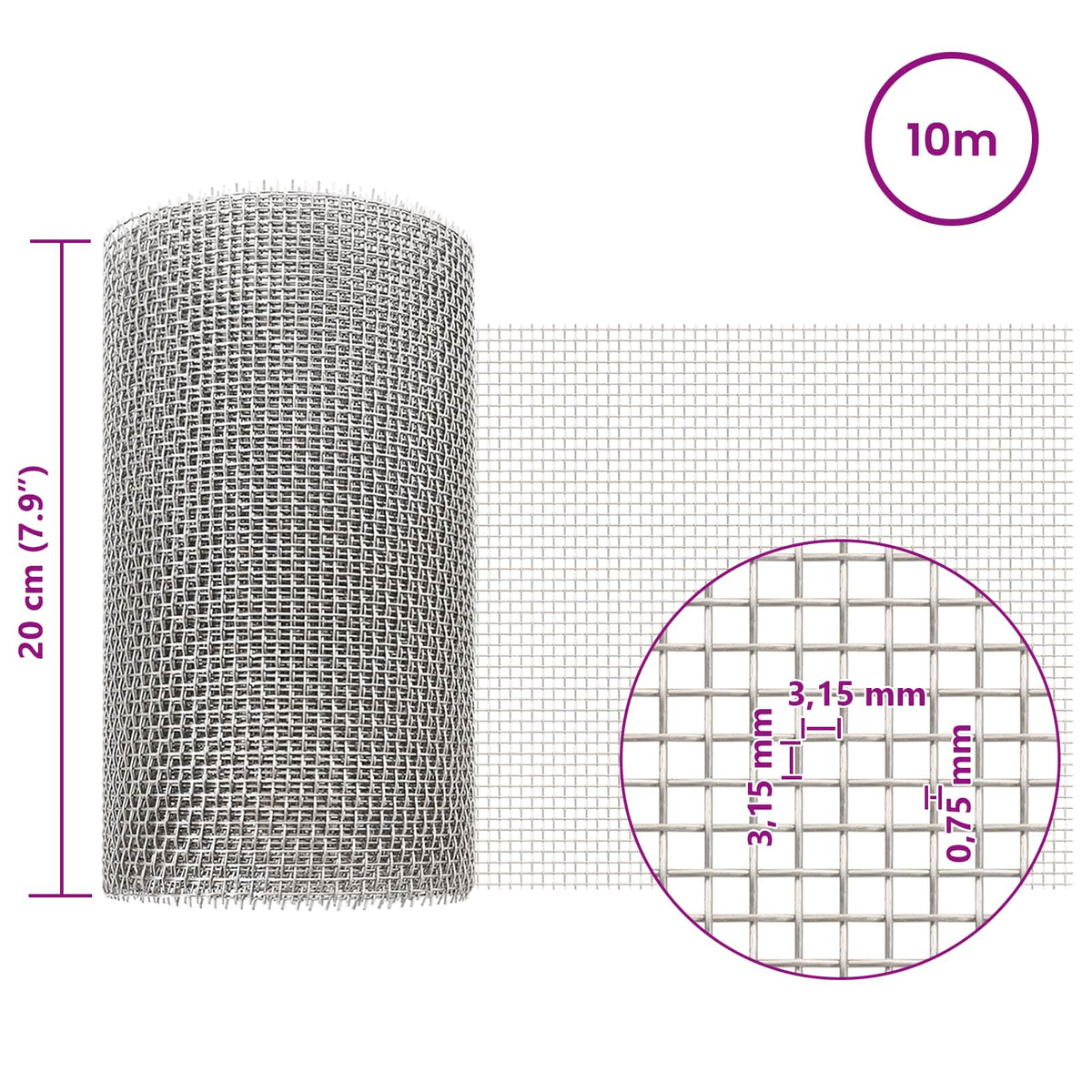 Mrežna tkanina 20 x 1000 cm 6 Mesh Nehrđajući čelik 201 Srebrna