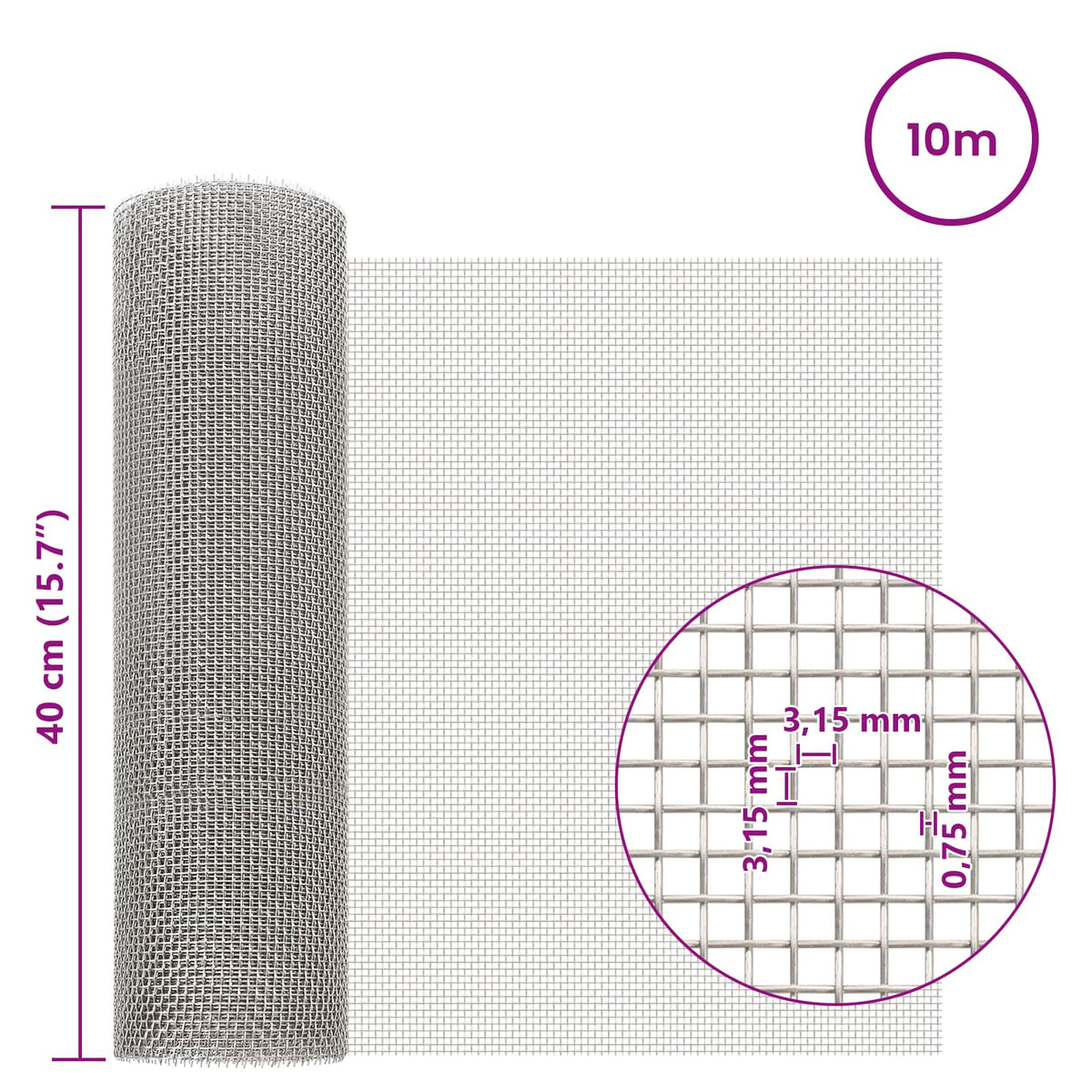 Mrežna tkanina 40 x 1000 cm 6 Mesh Nehrđajući čelik 201 Srebrna