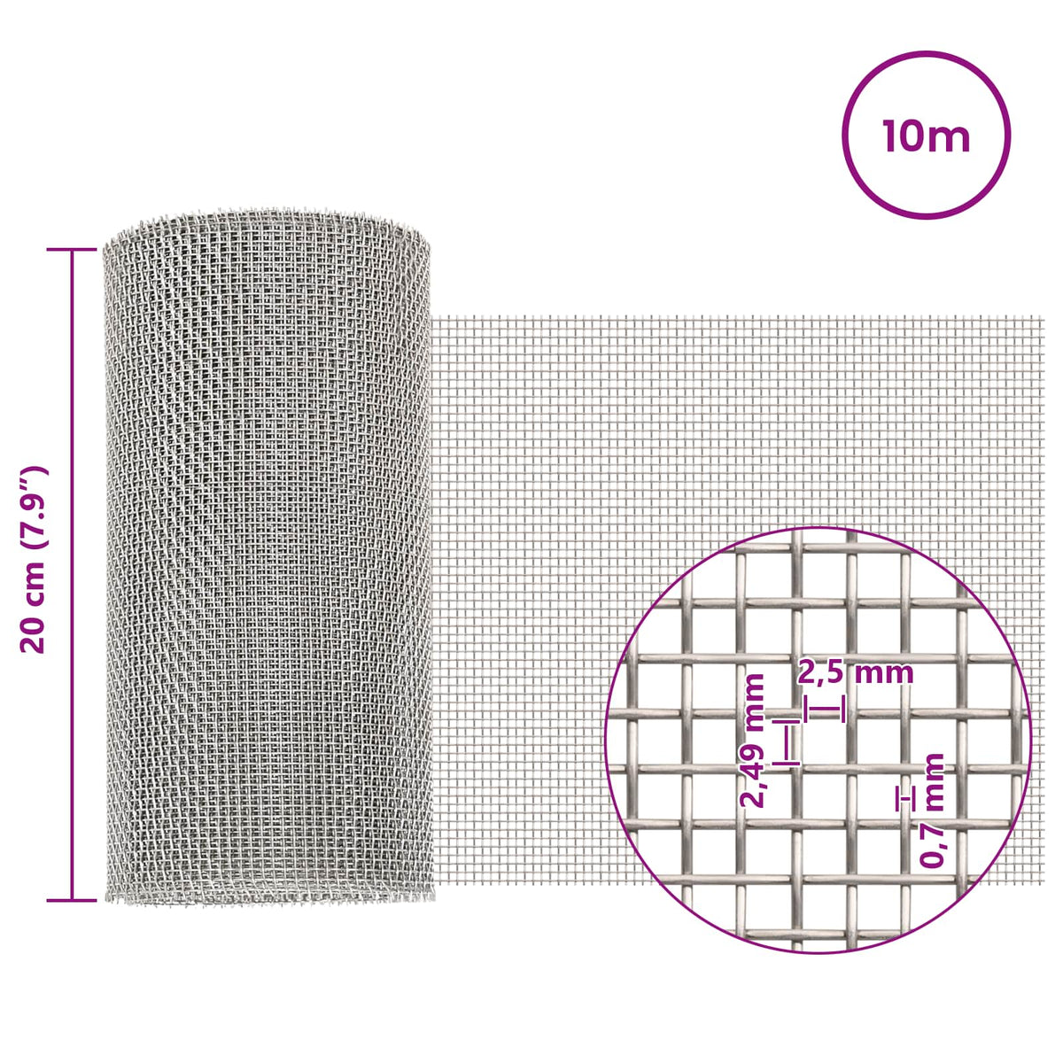 Mrežna tkanina 20 x 1000 cm 8 Mesh Nehrđajući čelik 201 Srebrna