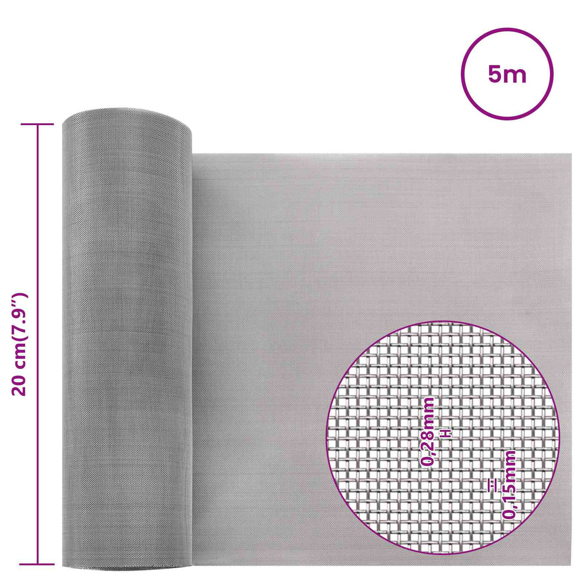 Mrežna tkanina 20 x 500 cm 60 Mesh Nehrđajući čelik 201 Srebrna