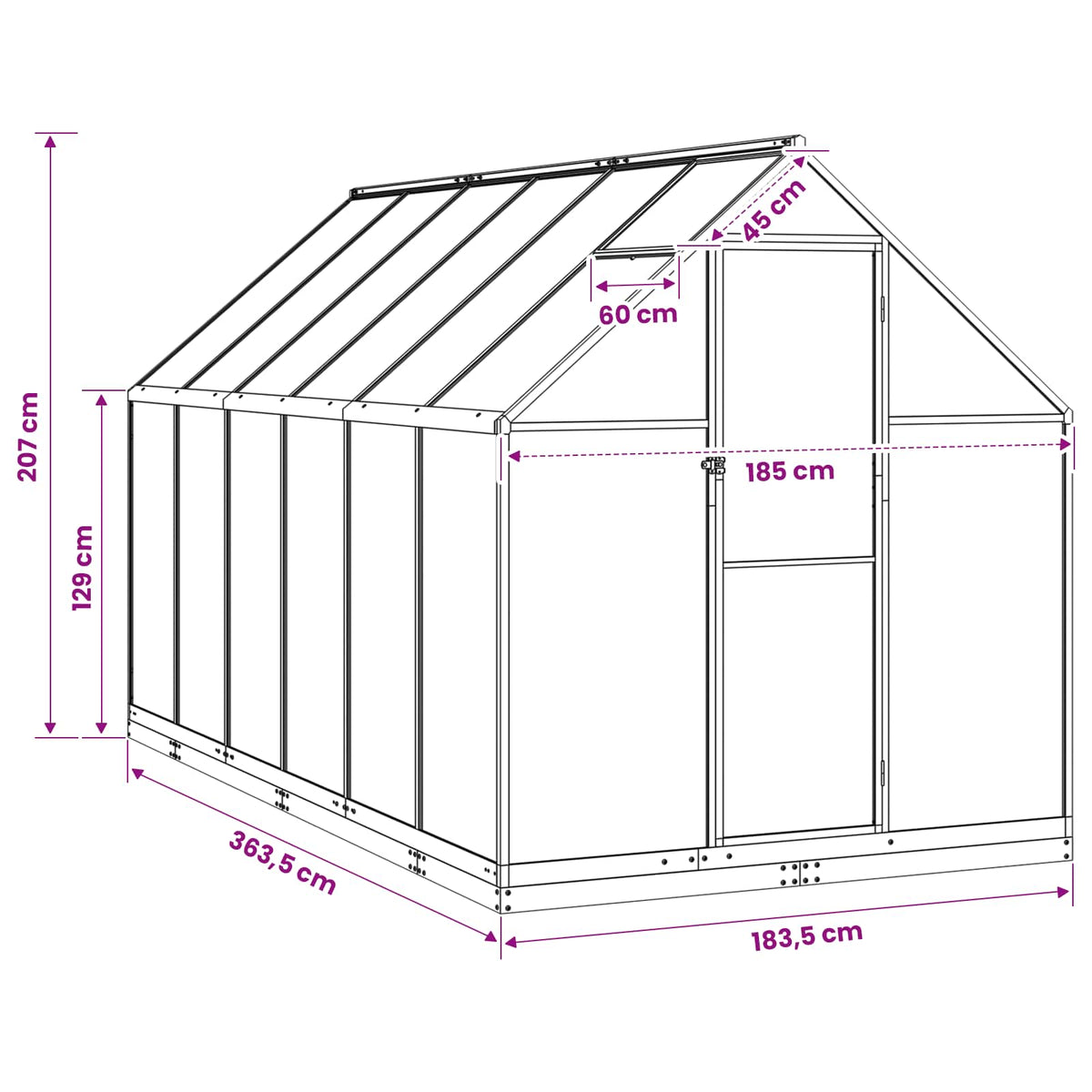 Vrtni staklenik s vratima Antracit 183,5 x 363,5 x 207 cm