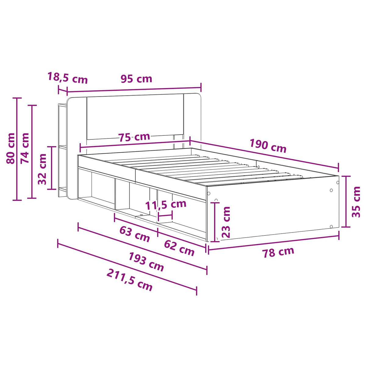 Okvir kreveta s pohranom s uzglavljem Staro drvo 75 x 190 cm