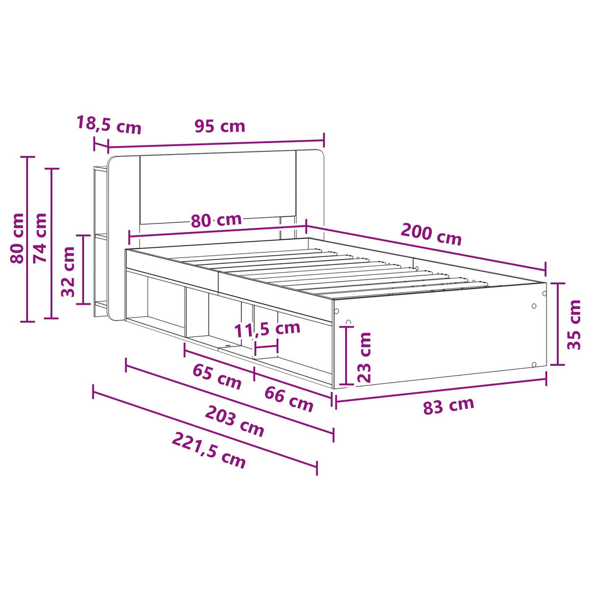 Okvir kreveta s pohranom Dimljeni hrast 80 x 200 cm