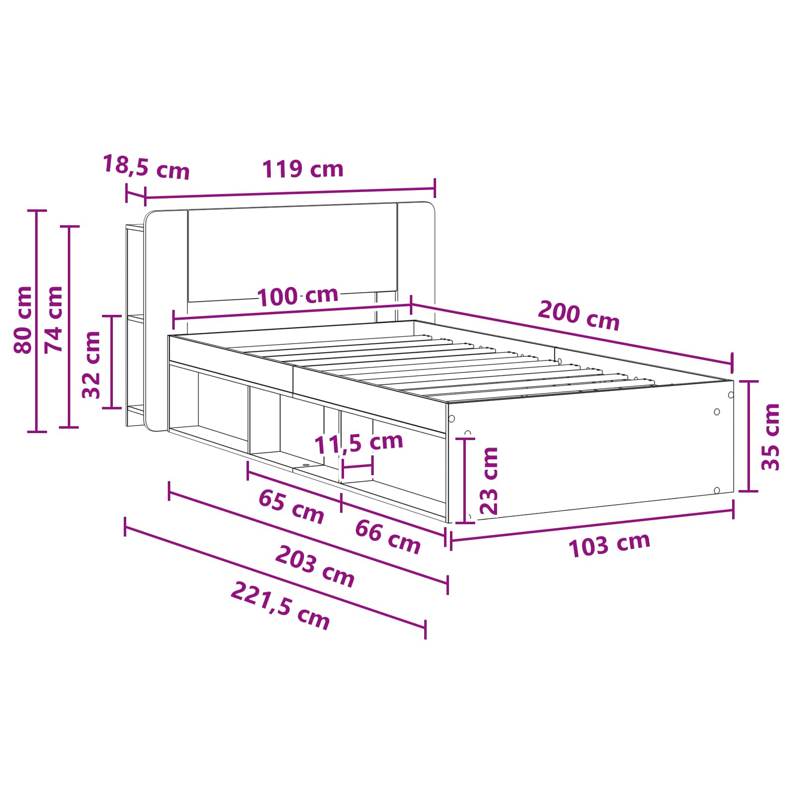 Okvir kreveta s pohranom Bijela 100 x 200 cm Konstruirano drvo