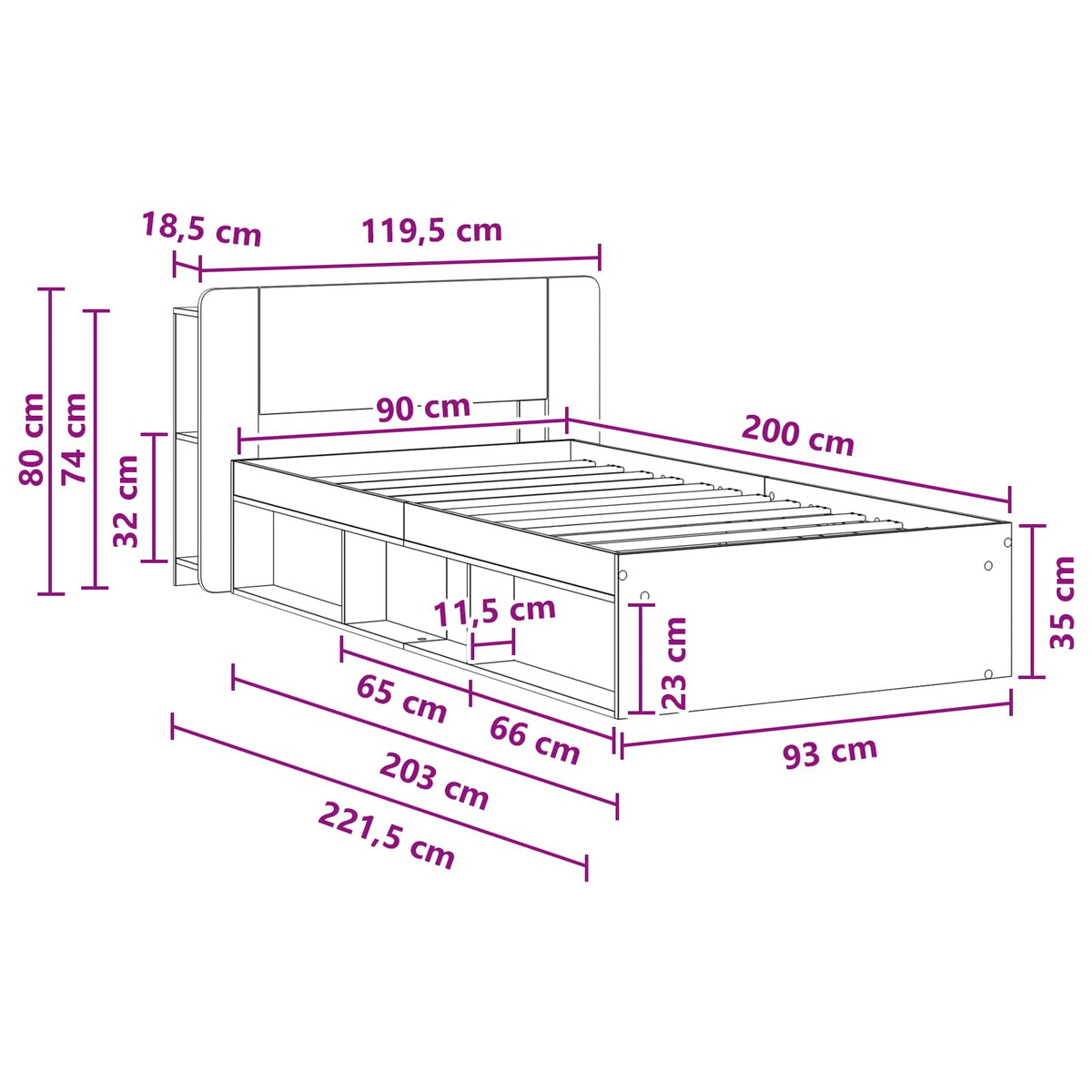 Okvir kreveta s pohranom s uzglavljem Staro drvo 90 x 200 cm