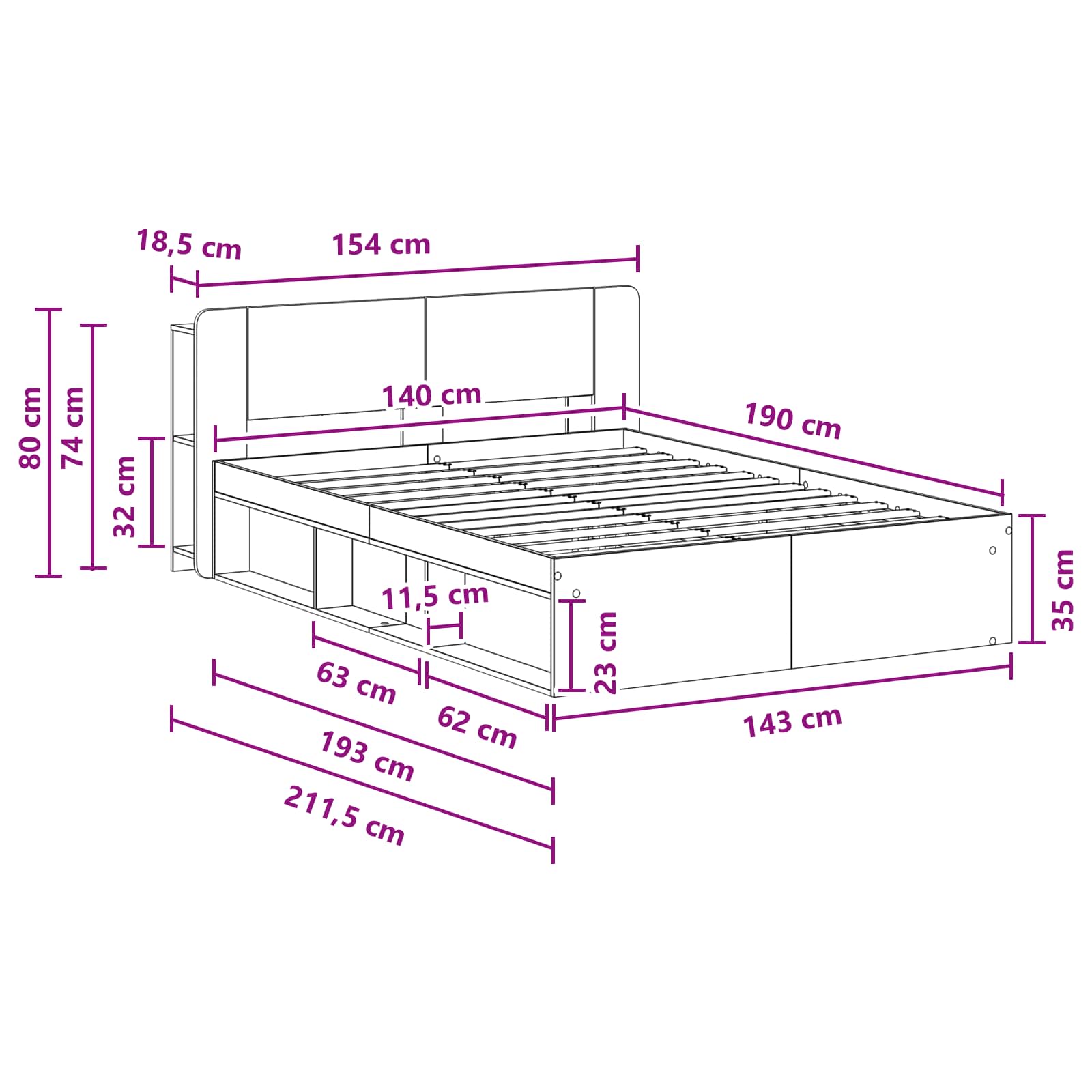 Okvir kreveta s pohranom s uzglavljem Staro drvo 140 x 190 cm