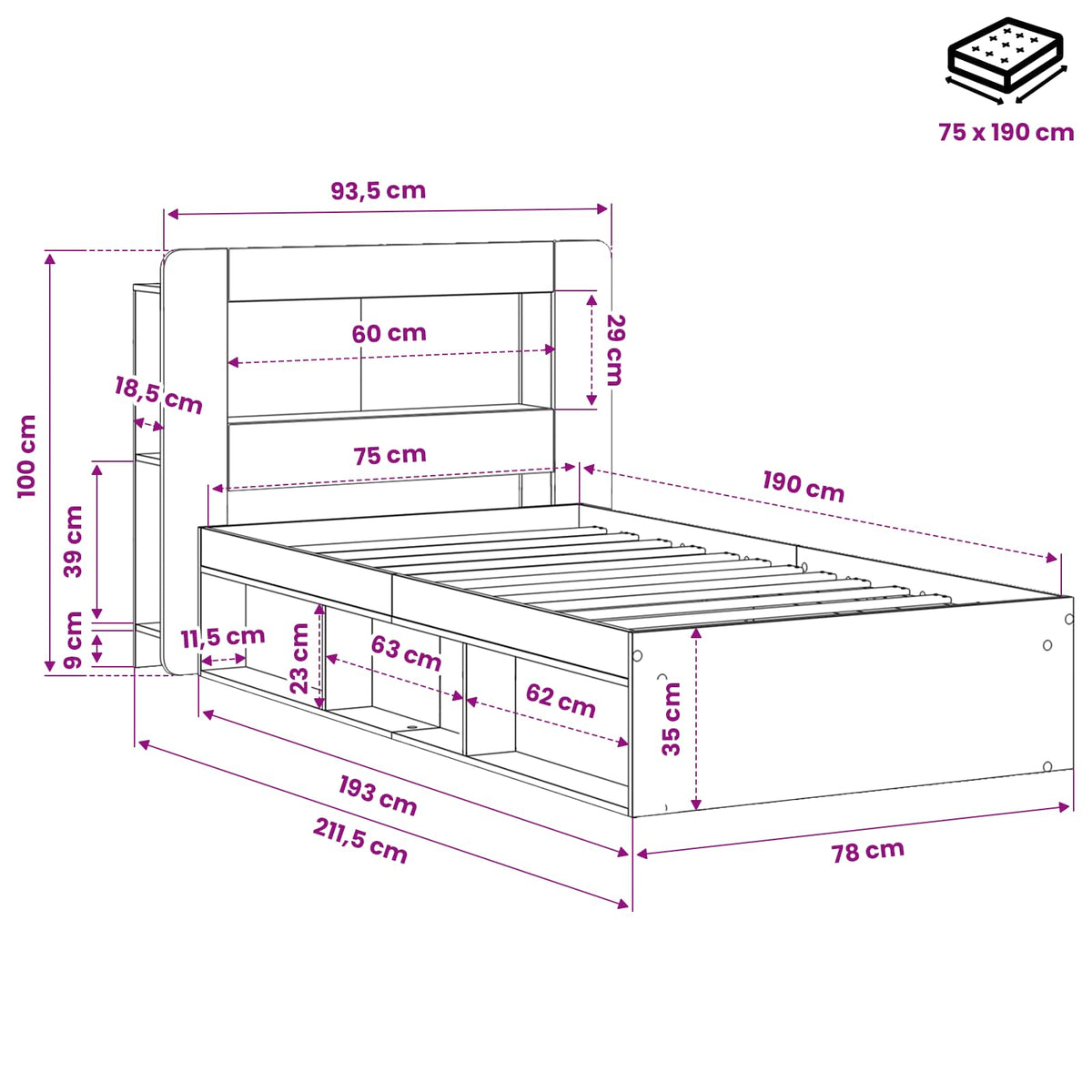 Okvir kreveta s pohranom Crna 75 x 190 cm Konstruirano drvo